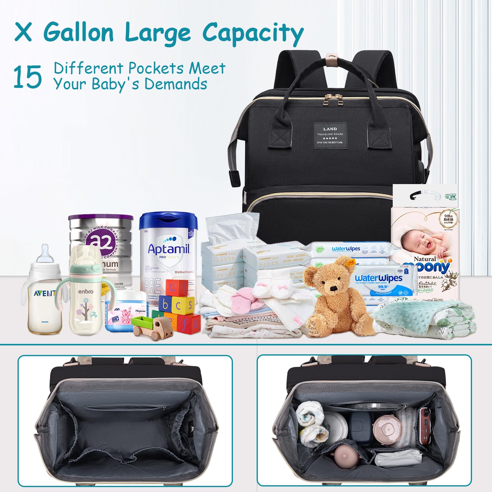 AFDLLDQM Diaper Bag Backpack, Multifunctional Baby Diaper Bag, Diaper Changing Station for Boys Girls, Large Capacity Travel Baby Bag for Mom Dad with Insulated Pocket & Strap