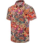 SheLucki Hawaiian Shirt for Men, Unisex Summer Beach Casual Short Sleeve Button Down Shirts, Printed Palmshadow Clothing