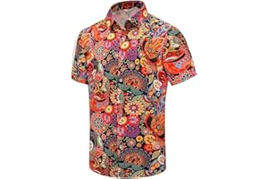 SheLucki Hawaiian Shirt for Men, Unisex Summer Beach Casual Short Sleeve Button Down Shirts, Printed Palmshadow Clothing