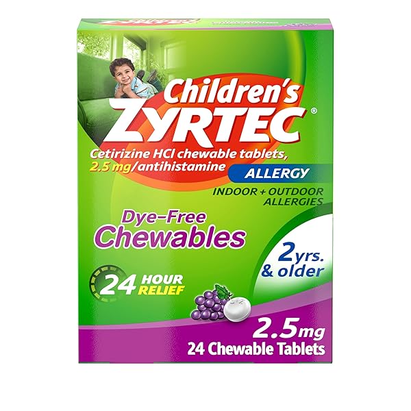 ZYRTEC CHILDREN’S DYE-FREE CHEWABLES FOR 24 HOUR ALLERGY RELIEF, 2.5 MG CETIRIZINE HCL ANTIHISTAMINE TABLETS, KIDS ALLERGY MEDICINE RELIEVES SNEEZING & ITCHY NOSE & THROAT, GRAPE, 24 CT