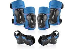 NHH Adult & Kids Knee Pads Elbow Pads Wrist Guards for Kids Youth Adultds Men and Women 6 in 1 Protective Gear Set for Skateboarding, Skating, Roller Skating and Multi-Sports (Blue--red, Medium)