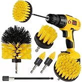 6Pcs Drill Brush Cleaning Kit with Extendable Rod, Yellow | Power Scrubber Attachments, For Shower, Tub, Tile, Grout, For Kitchen and Car