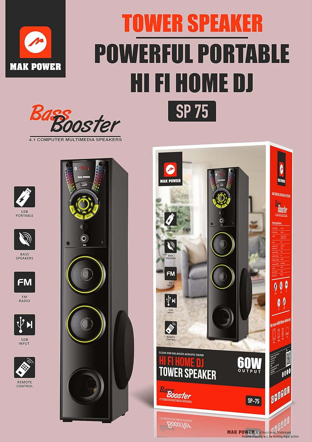 MAK POWER Home 60W Subwoofer Dual Multimedia Bluetooth DJ Tower Bass Booster Speaker S.P_75 with