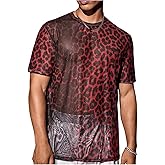 OYOANGLE Men's Leopard Print Sheer Mesh Short Sleeve T-Shirts Party Crew Neck Tee Tops Clubwear
