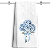 LUKIPOM Hydrangea Floral Kitchen Towels, Blue Coquette Bow Floral Flower Hand Towels for Bathroom Decor, 16x24 Inches