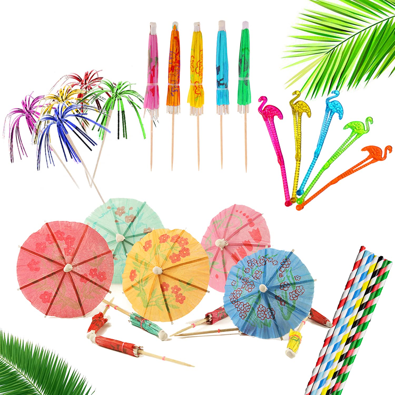 100 Piece Cocktail Party Decoration Drinks Accessory Pack with Reusable Umbrellas, Sparkle Fireworks, Stirrers and Biodegradable Straws