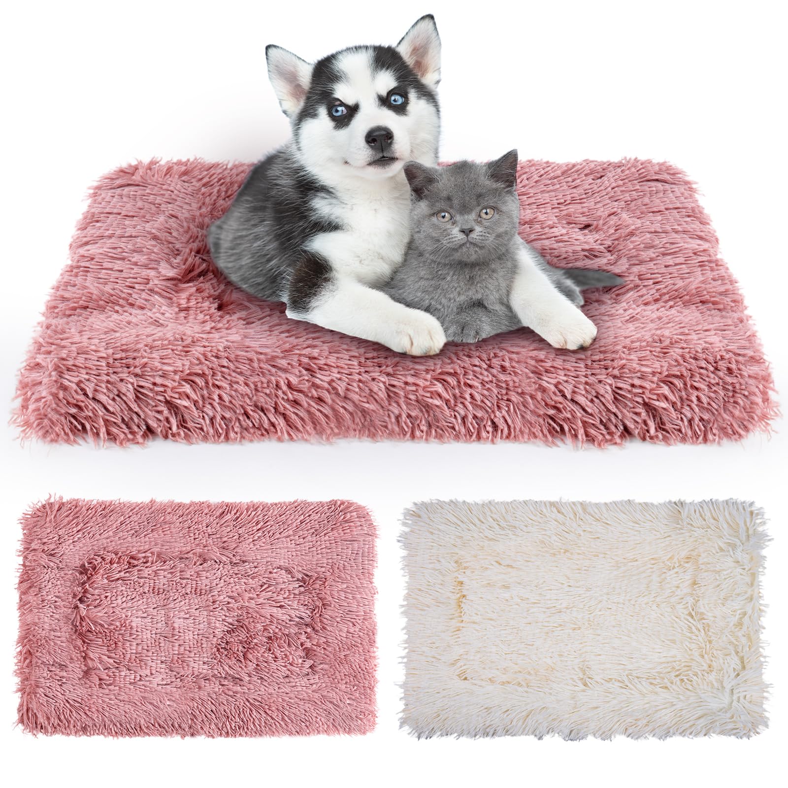 MICOOYO 2Pcs Dog Crate Bed Mattress, Fleece Pet Cushion Bed Mat, Washable Cat Cushion Pad for Small Dog Cat Puppy(Pink, White,69x52 cm)