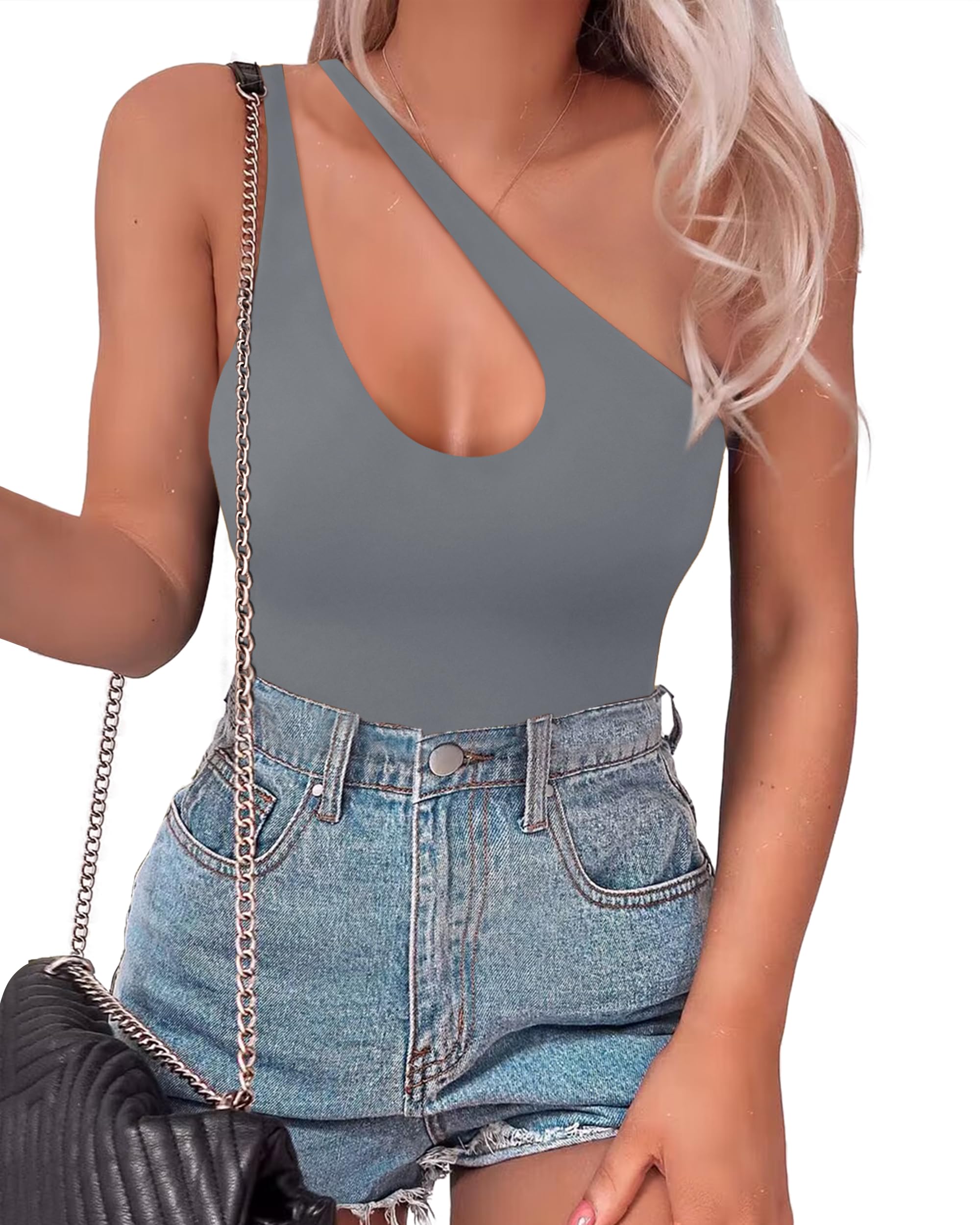 Photo 1 of SAUNGKUAI Women's Sexy One Shoulder Sleeveless Cutout Thong Bodysuit Tank Top Body Suits V Backless Tummy Control Shapewear Grey S