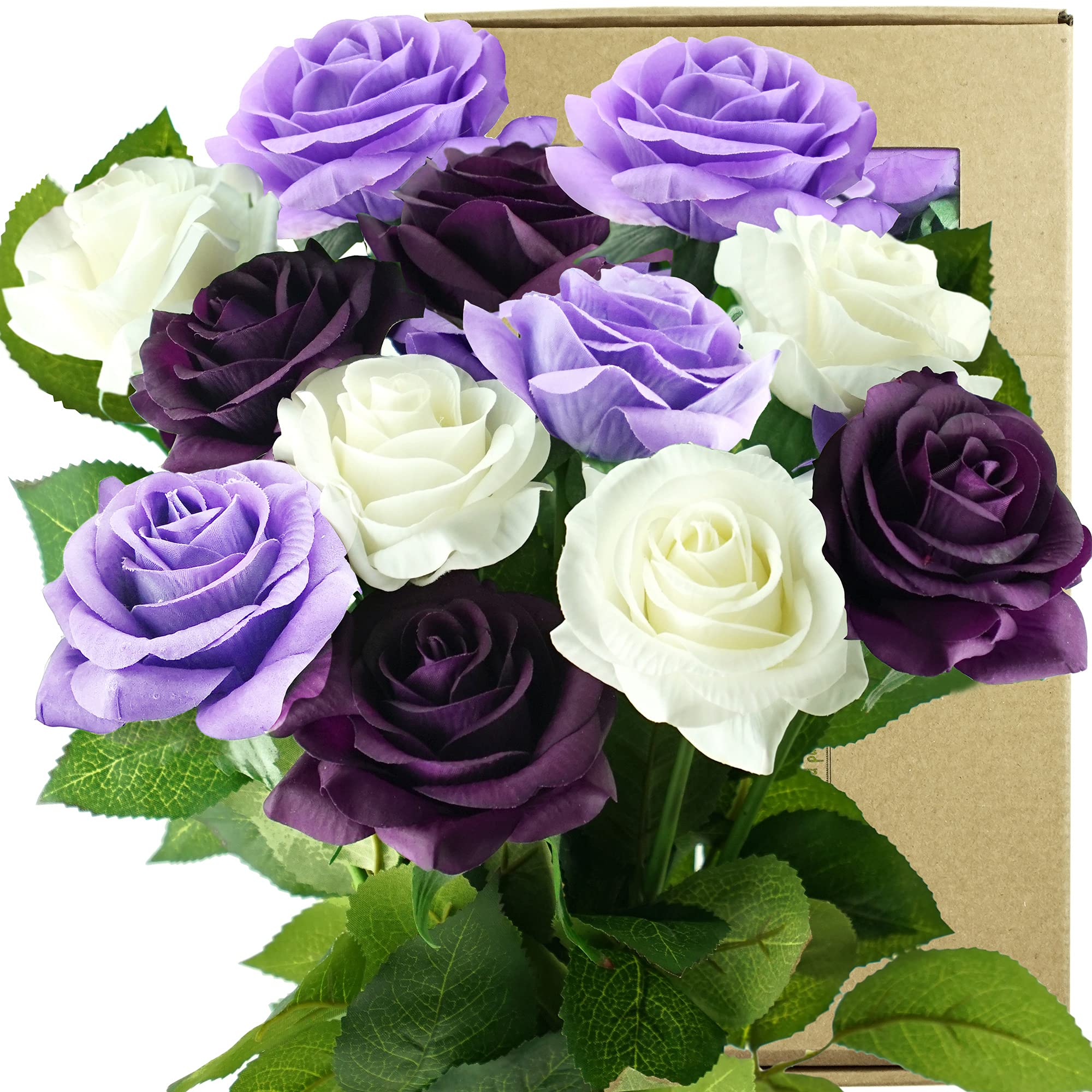 FiveSeasonStuff Real Touch Roses Artificial Flower 12 Stems Silk Roses ‘Petals Feel and Look like Fresh Roses' Bouquet of Flowers Floral Arrangements (Deep Purple | White)