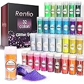 Renfio 32 Colors Iridescent Glitter Set, 16.93oz 480g Ultra Fine Glitter Powder PET 1/128" 0.008" 0.2mm Resin Suppies Assorted Craft Glitter for Fake Nails, Resin Art, Tumblers, Slime, Hair, Bomb