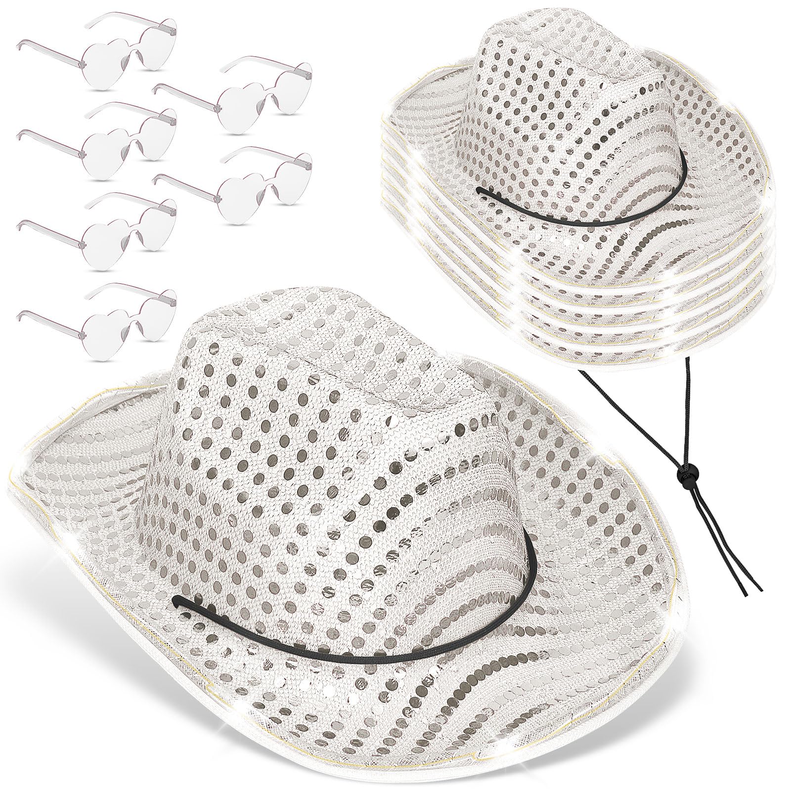 6 Pcs LED Cowboy Hat Light Up Glitter Set Cowboy Hat with Sunglasses Sequin Space Cowgirl Hat for Women Men Costume (White)