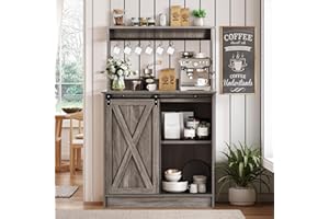 4 EVER WINNER Coffee Bar Cabinet with 6 Hooks, Farmhouse Wine Bar Cabinet with Sliding Barn Door and Adjustable Shelves, Hutch Bar Cabinets for Home Dinning Living Room, Wash Grey
