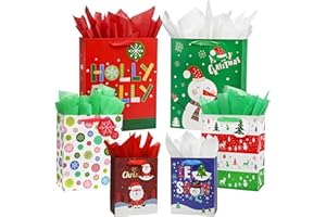 Bobobag 6 Pack large Christmas Gift Bags with Tissue Paper, Assorted Sizes and Designs Christmas Bags for Gifts Merry Christmas Presents (2 Extra Large 16”, 2 Medium 12”, 2 Small 9”)