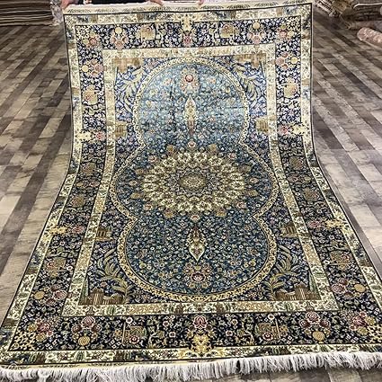 Tappeto Persiano A Mano Di Seta Orientale Blu Per Soggiorno