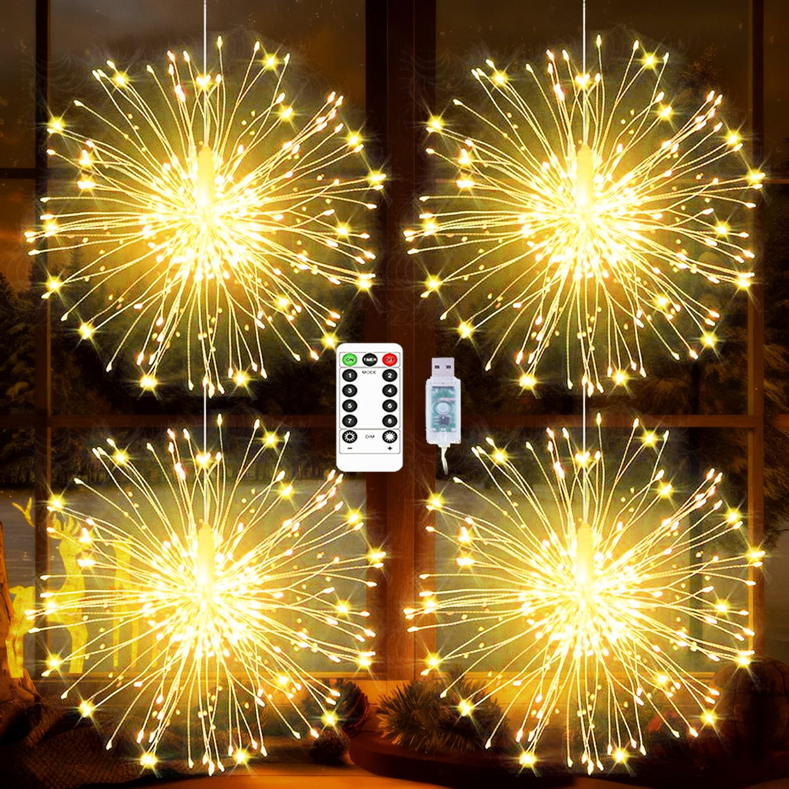 yowin Hanging Christmas Firework Lights 4x120 LED Starburst Lights USB Powered, 8 Modes Waterproof Hanging Ball Light with Remote for Xmas Porch Roof Outdoor Indoor Window Decorations - Warm White