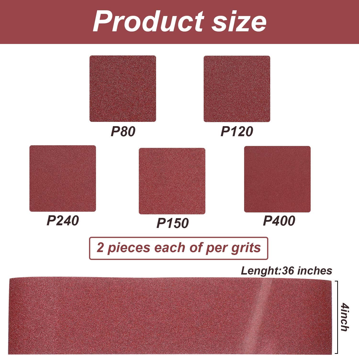 Aluminum Oxide Sanding Belts - 10 Pieces 4 x 36 Inch Sanding Belts (80/120/150/240/400 Grits) and 12 Pieces 6 Inch Self Stick No-hole Aluminum Oxide Sanding Disc (80/100/ 120/180/ 240/400 Grits) - - 