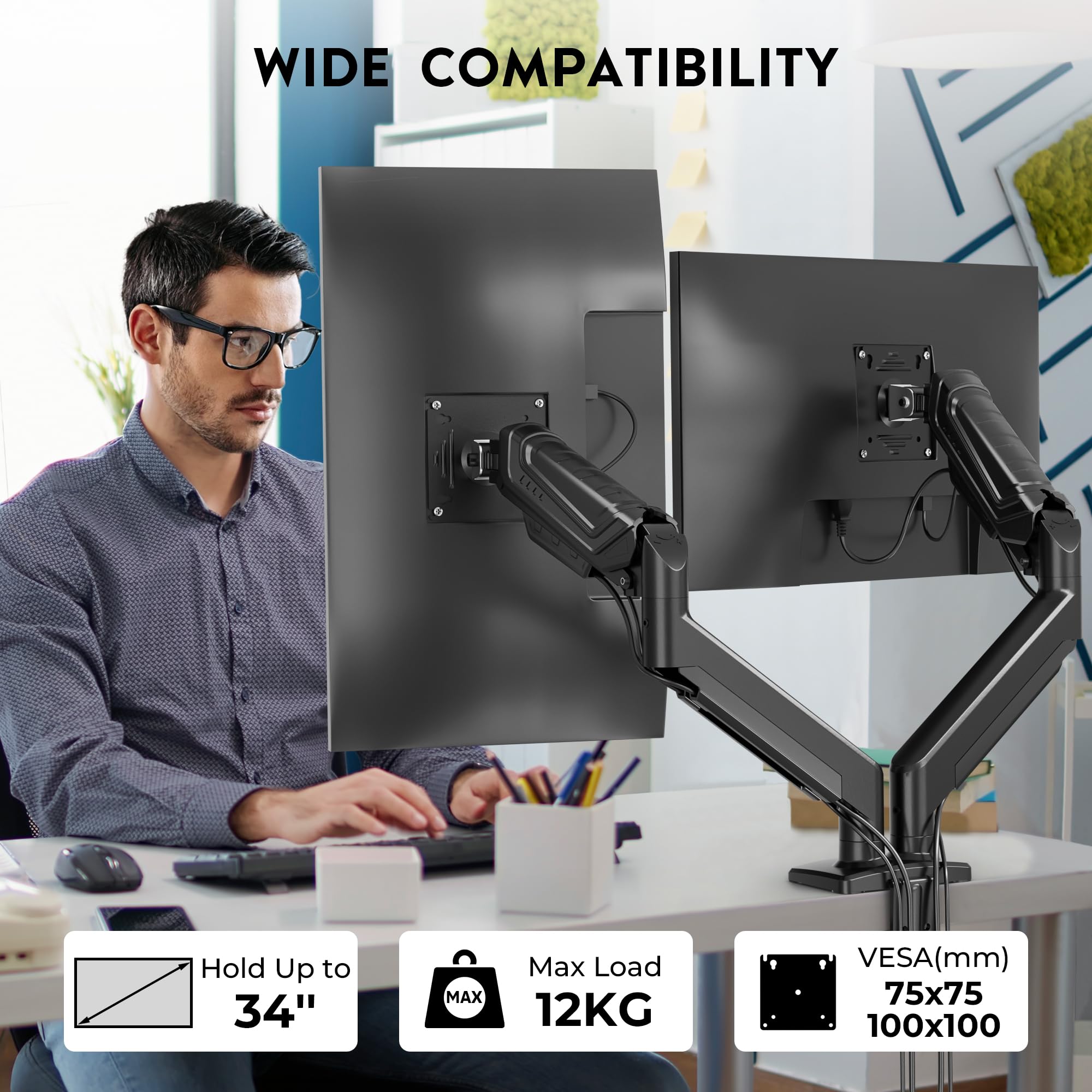 BONTEC Monitor Halterung 2 Monitore für 14-34 Zoll Bildschirme, Gasfeder Monitorhalterung, VESA 75/100, Neigbar, Schwenkbar, 360° Drehbar, Ergonomisch, Kabelmanagement, für Homeoffice und Gaming 4