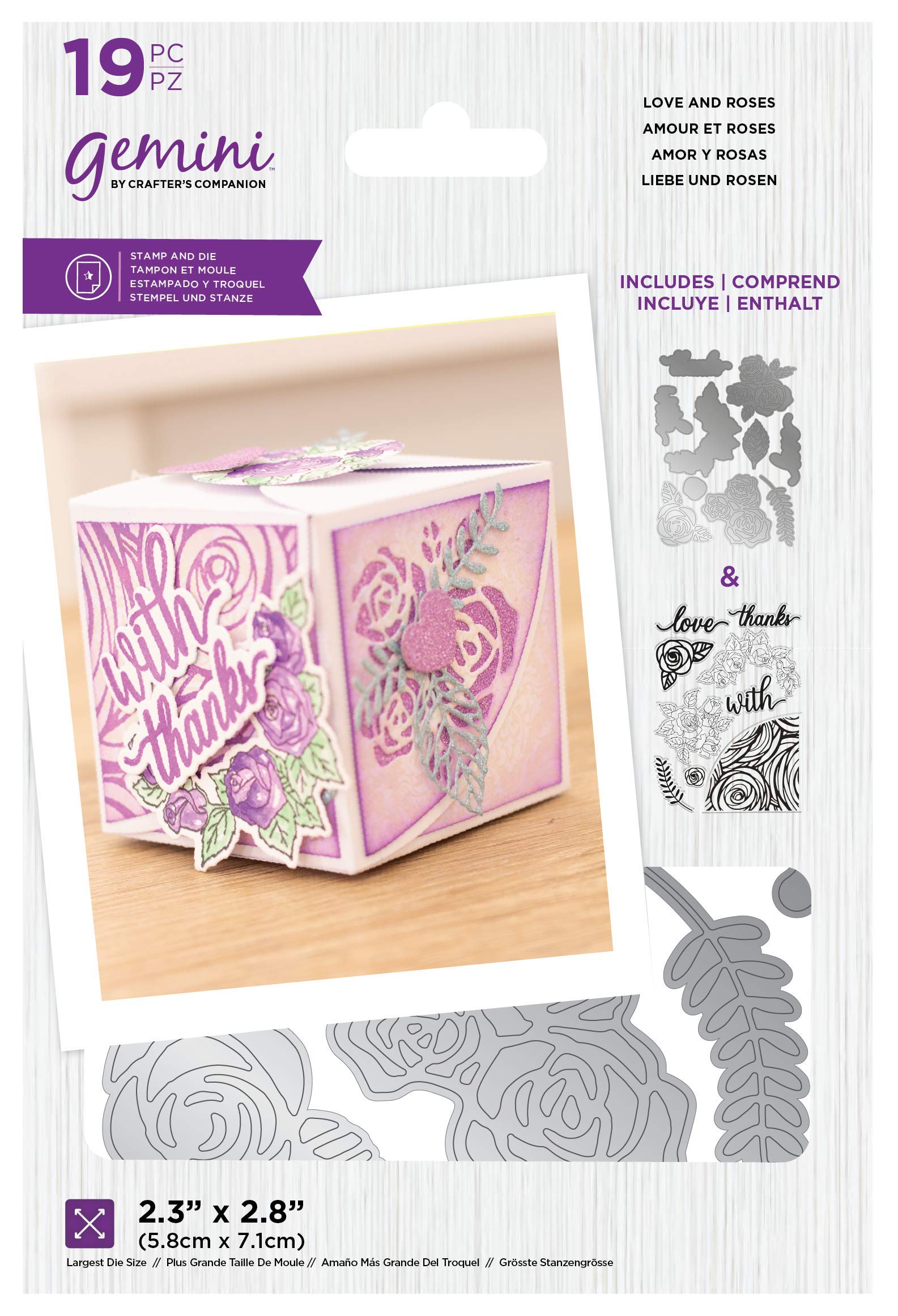 Crafter's Companion Gemini-Clear Acrylic Stamp & Metal Die Set-Love and Roses, Silver, One Size