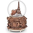 QTKJ Paris Snow Musical Globe with Color Changing LED Lights, Eiffel Tower Snow Globe with Merry-go-Round Base, 100mm 6" Tall Souvenirs Collection … (Gold)