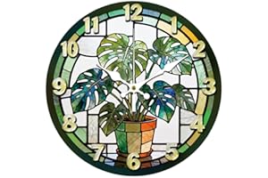 CONCHLERY Colourful Glass Potted Plant Pattern Wall Clock 12 Inch Non-Ticking Clocks Round Wall Hanging Clock Battery Operate