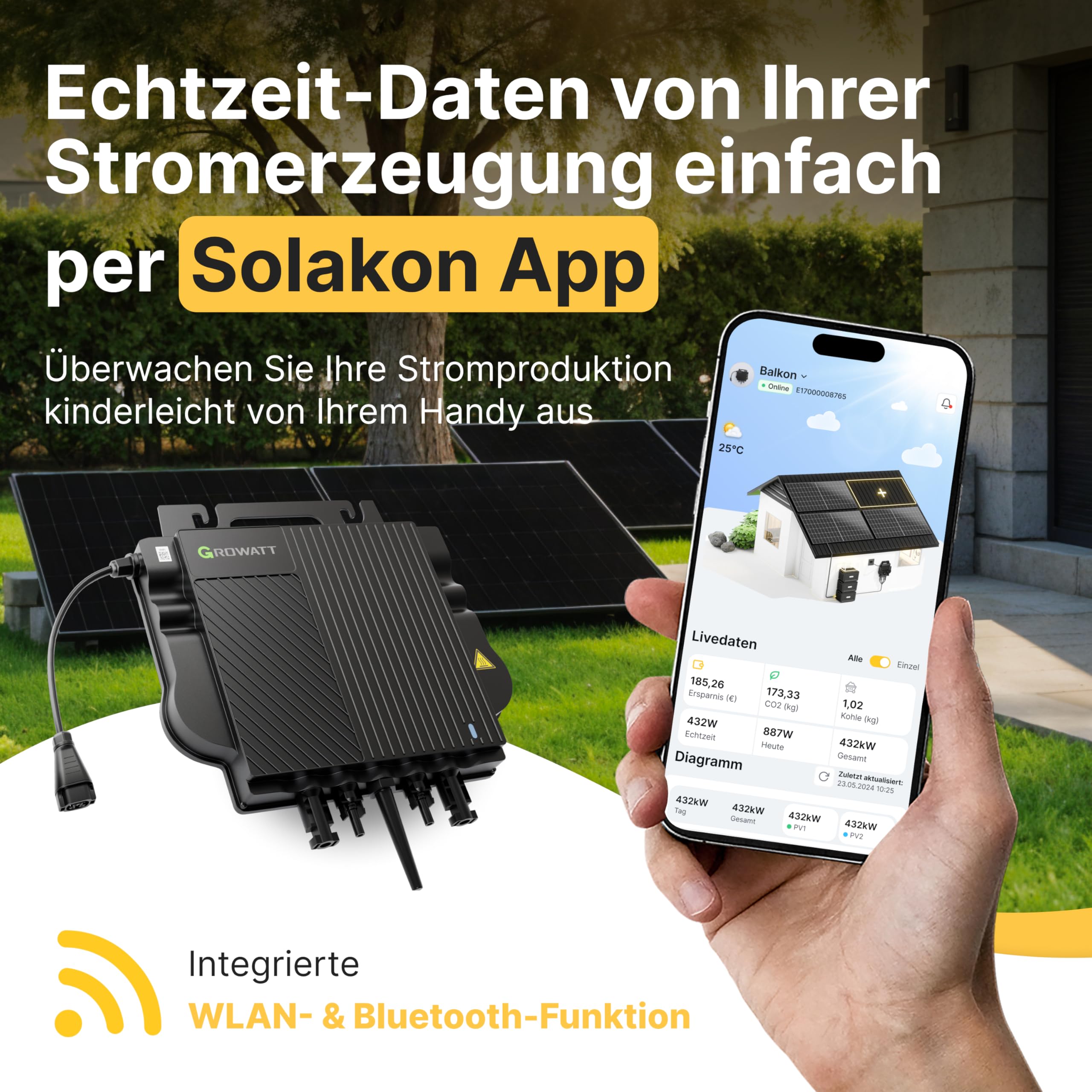 Solakon® 900W Balkonkraftwerk - Balkonkraftwerk 800W komplett Steckdose - neuester 800 Watt Wechselrichter - Solaranlage Komplettset - 450W bifaziale Solarmodule inkl. Zubehör - 3m Kabel 2