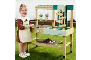 TOP BRIGHT Outdoor Mud Kitchen, Wooden Kitchen Playset for Kids, Chef Pretend Play Set for Toddlers, Montessori Sensory Plays