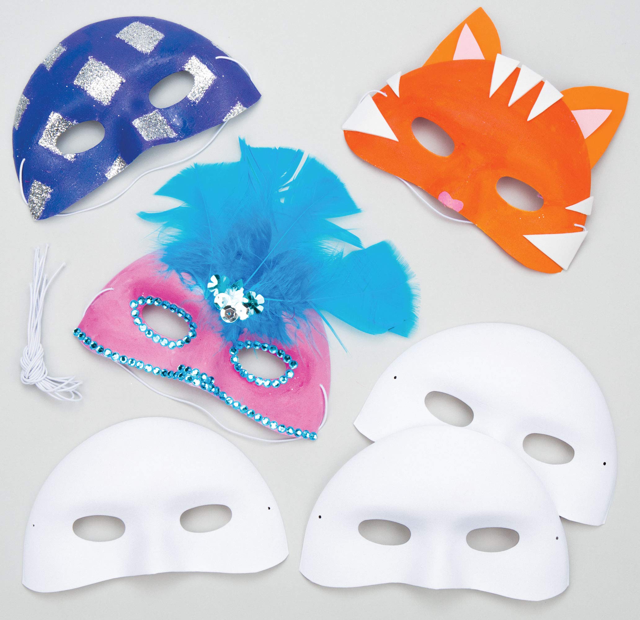 Baker Ross EV1246 Flocked Plastic Eye Masks For Children to Paint Decorate And & Wear As a Part of A Costume At A Fancy Dress Party (Pack of 8),White,15cm