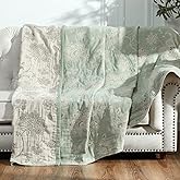 jinchan Boho 100% Cotton Muslin Twin Size 60x80 Inches Blanket Lightweight 4-Layer Quilted Soft Green and Beige Floral Throw Blanket Reversible Comfy Flower Breathable All Seasons Couch Bedroom Decor