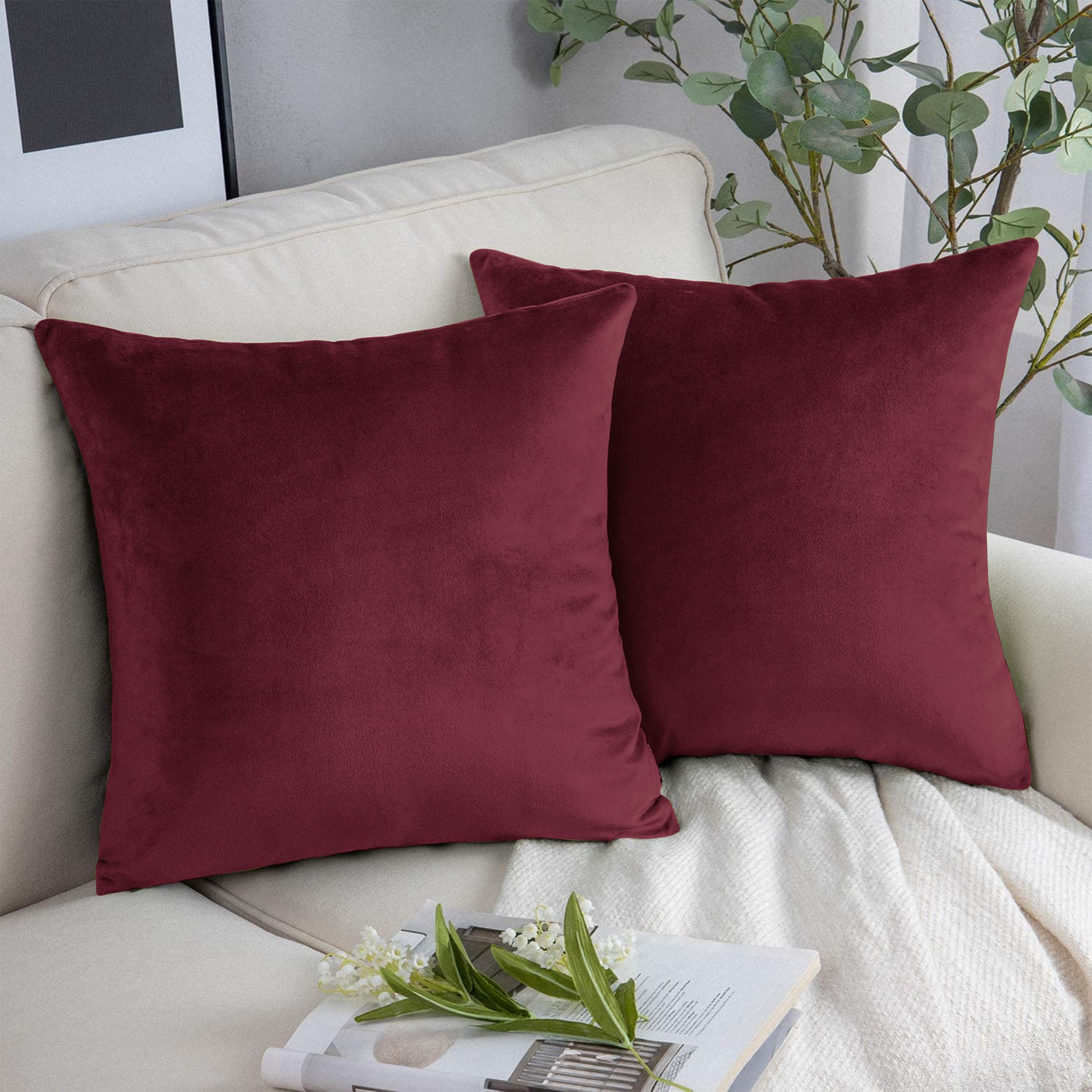 Yorkshire Bedding Cushion Covers 45 x 45 (Pack of 2) - Velvet Square Throw Pillow Cases - Decorative Soft Cushion Cover for Sofa Bedroom with Invisible Zipper (Burgundy, 18 x 18 Inch (Plain) — image 1