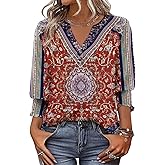 Hount 3/4 Sleeve Shirts for Women Dressy Casual Button V Neck Tops 2026 Summer Work Blouses Cute Henley Shirts