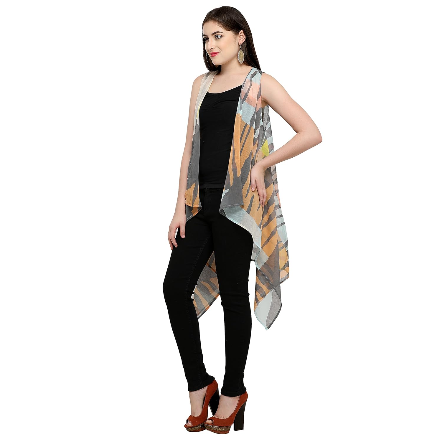 serein women's (multicoloured printed georgette sleeveless shrug/long jacket)