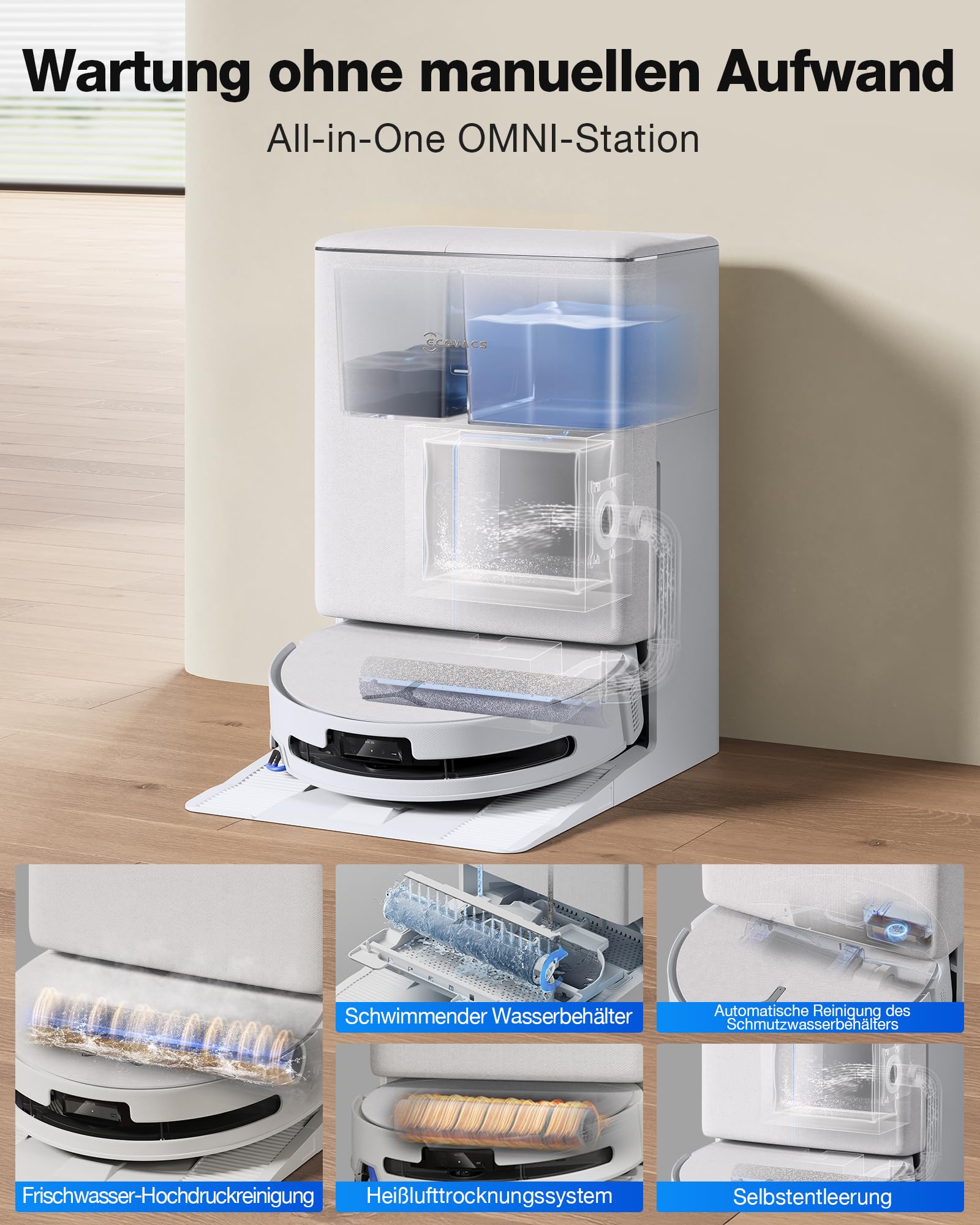 ECOVACS DEEBOT T90 Omni Saugroboter mit Wischfunktion, Roboterstaubsauger 30.000 Pa, OZMO-Roller 3.0, Triple Lift, TruePass 4WD, AIVI 3D 4.0, Haustierpflege, Frischwasser-Hochdruckreinigung, Weiß 5