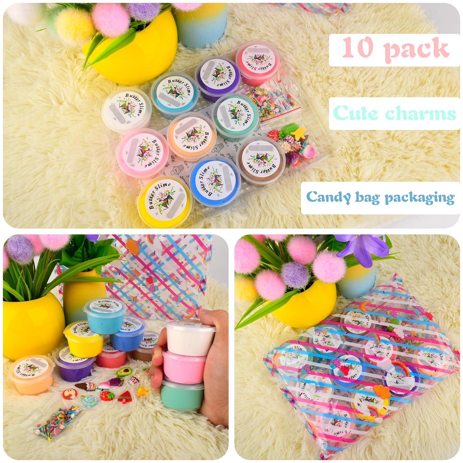Premium Scented Butter Slime,10 Pack Slime,with Peach Charm,Watermelons,Apples and More Charms,10 Fun Add Ins,Pre-Made Slime for Kids,Great 6 Year Old Toys,Super Soft Sludge Toy.Super Mini
