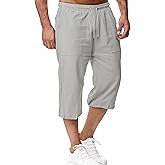 Mingzhu Men's Loose Drawstring Linen Long Shorts Summer 3/4 Below Knee Capri Pants
