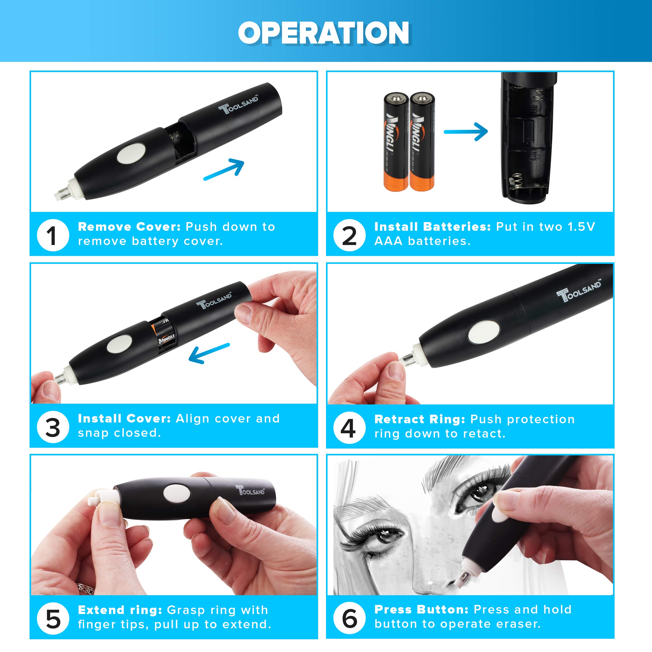 Electric Pencil Eraser Kit, Battery Operated, with Refills (Black)