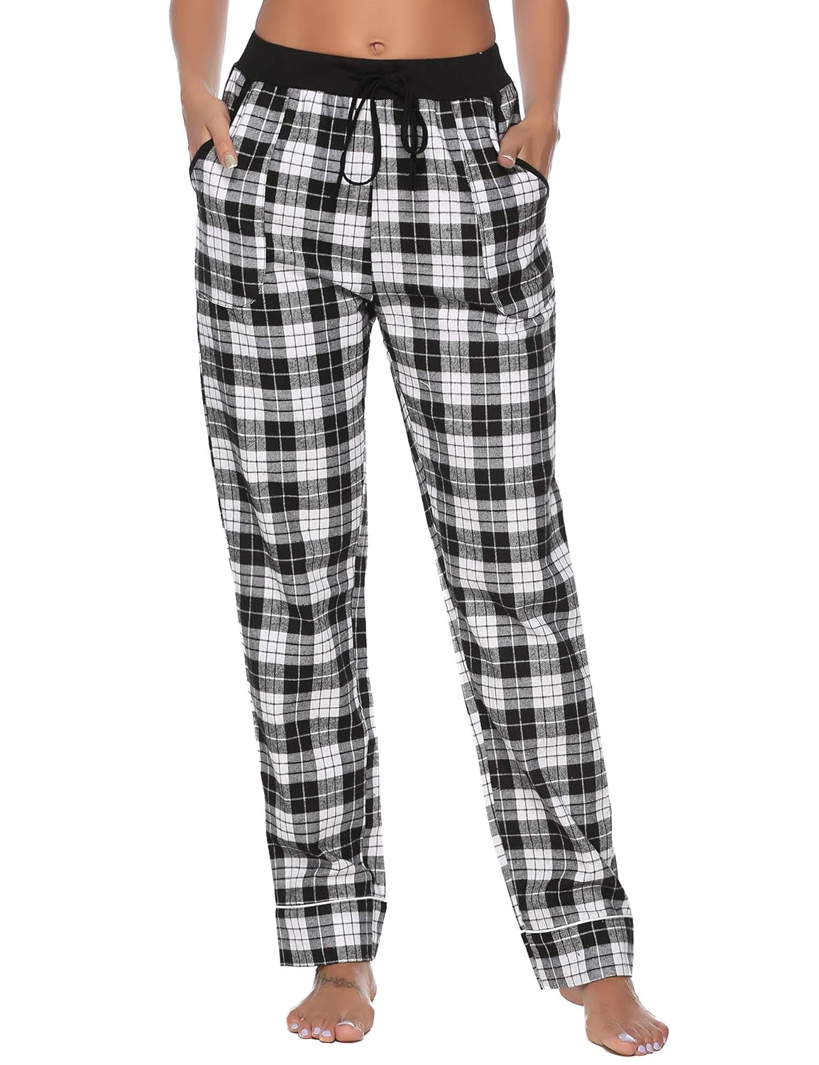 Aibrou Ladies Pyjama Bottoms, 100 Cotton Checked Fleece PJS Lounge