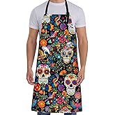 ainori Gothic Apron for Women with Sugar Skull and Floral,28x33in,Goth Kitchen Aprons with 2 Pockets, Oxford Fabric,Halloween Adjustable Apron for Cooking Baking Gardening Chef,Gifts for Mom Wife