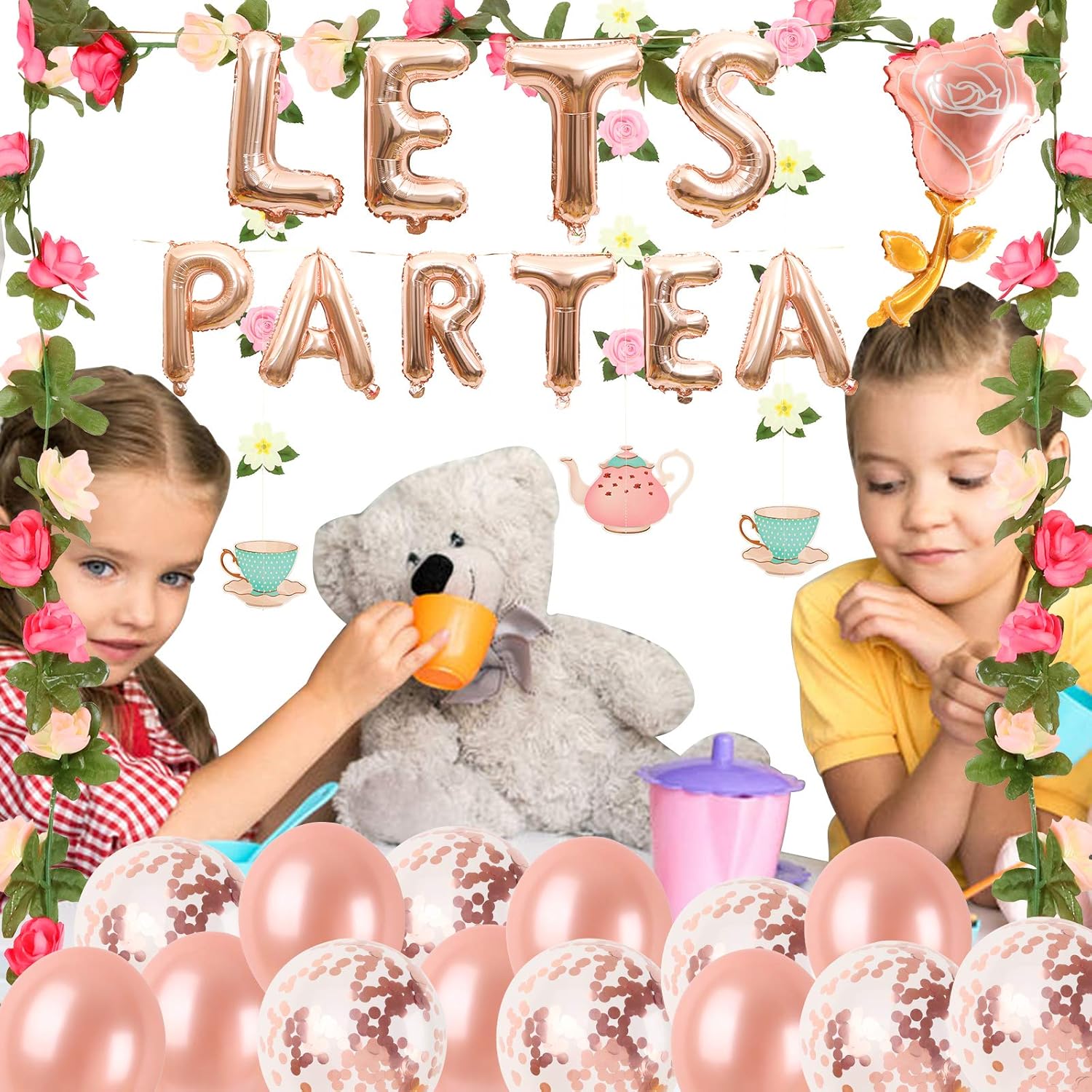 Tea Party Decorations Let's Par Tea Balloons/Teapots Teacups Tea Party Banner/Aluminum Foil Balloons/Floral Tea Party Hanging Decors for Bridal Shower Engagement Bachelorette Birthday Party Supplies: Toys & Games