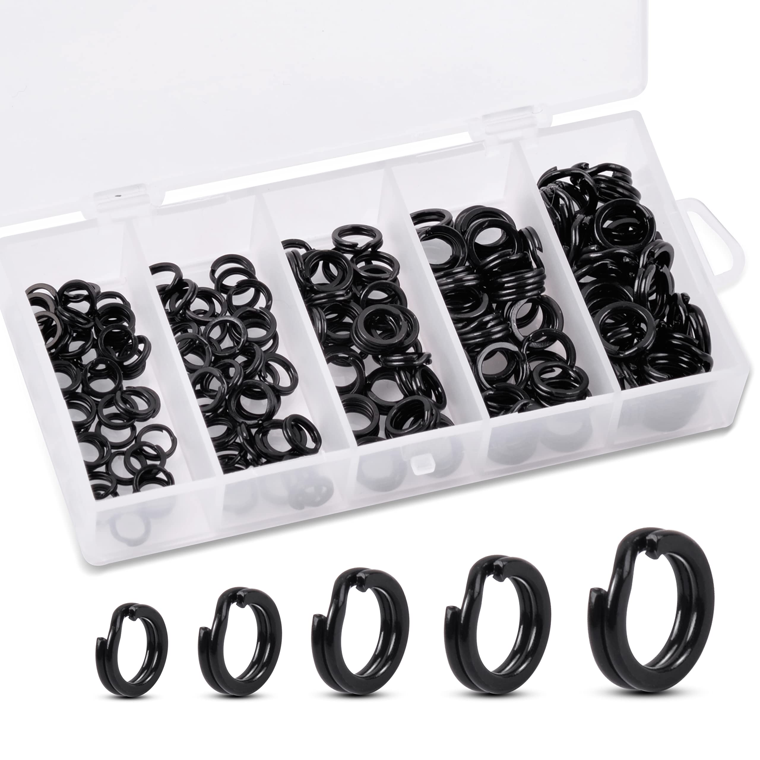 JSHANMEI 200pcs Stainless Steel Fishing Split Rings Connectors Heavy Duty Saltwater Solid Rings Lure Tackle Connector Easy Catch Double Loop Lure Set Multiple Sizes with Storage Box(Black)