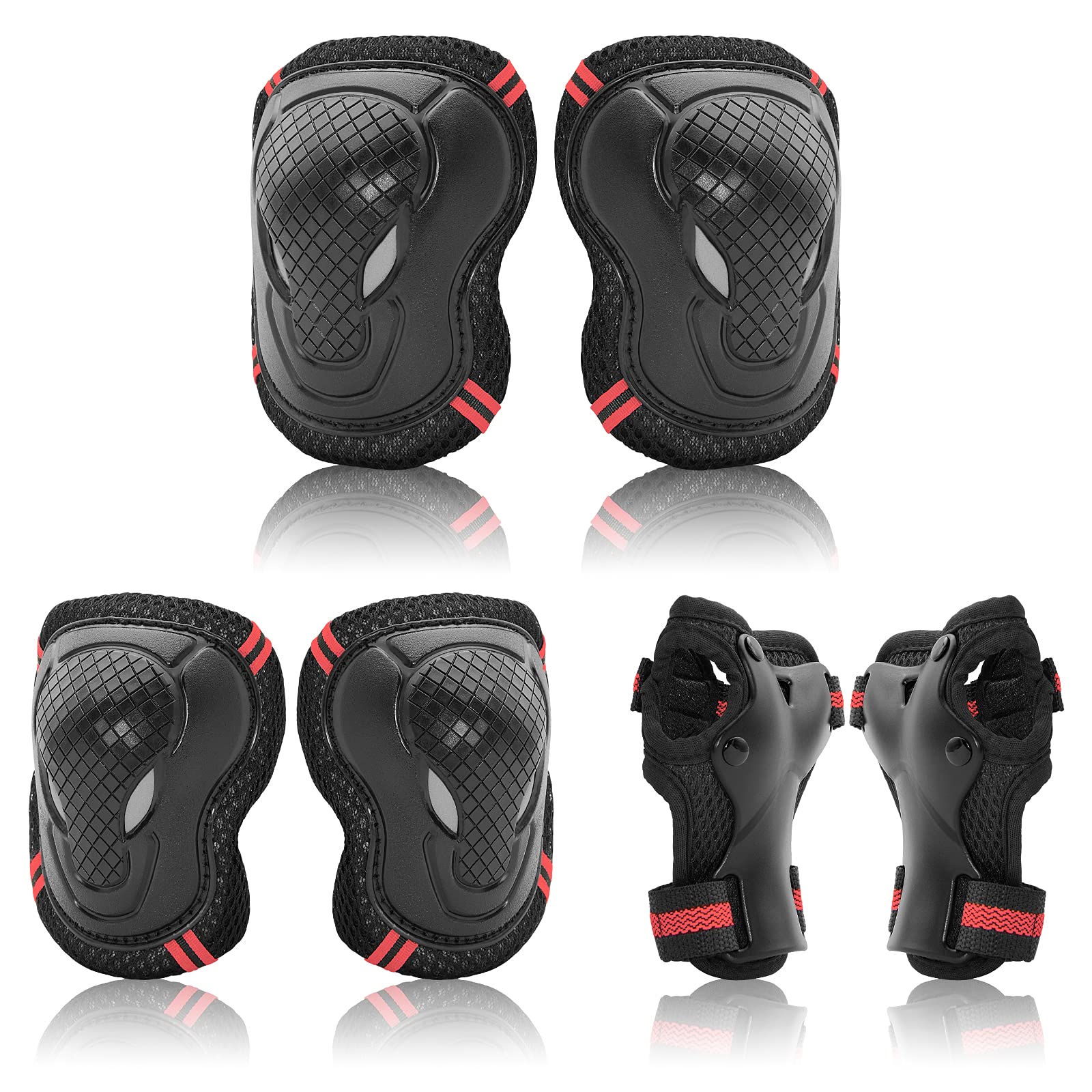 Protective Gear Set for Adult Youth, Knee Pads Elbow Pads Wrist Guards 6 in 1 for Skateboard, Rollerblade, Roller Skate, Bike, Scooter, Inline Skate, Bicycle, BMX (Red, L)