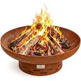 KOL Fire Pit for Outside Wood Burning, 27.5 Inch Round Firepit Bowl Outdoor and Patio, Heavy-Duty Steel Bonfire Pit Oxidized Finish, Free-Standing, Camping Backyard Terrace