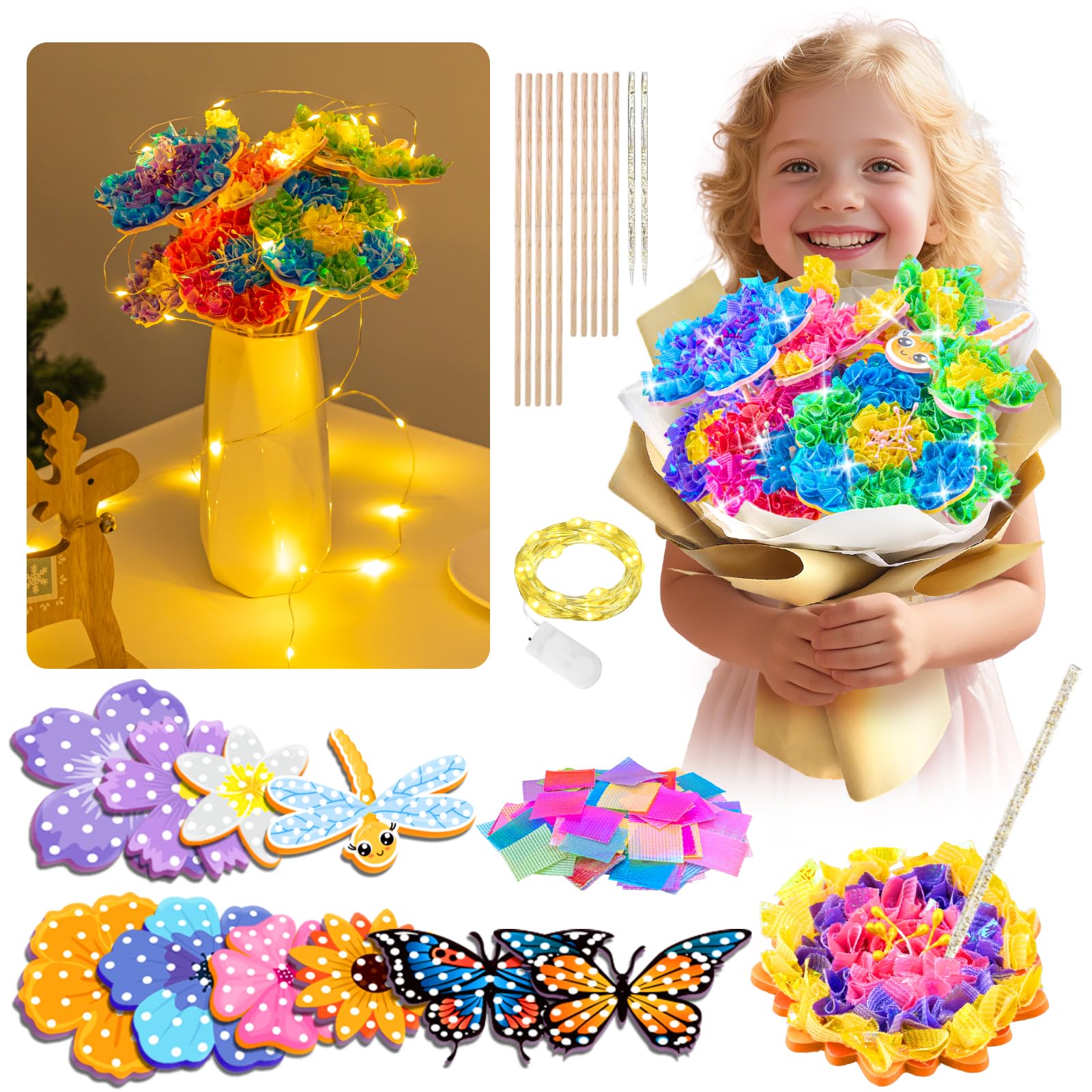 Dalugo Poke in Art Craft Kits for Kids, Glowing Flower Bouquet Kids Crafts with 20LED Fairy Lights, Creative Educational Gifts for 4 5 6 7 8 9 10 Year Old Girls, Birthday Presents, Christmas Gifts