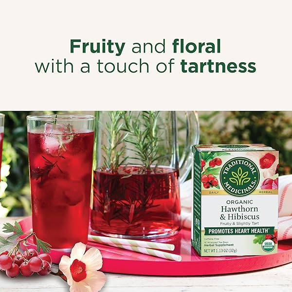 TRADITIONAL MEDICINALS TEA, ORGANIC HAWTHORN & HIBISCUS – PROMOTES HEART HEALTH – KOSHER, NON-GMO, CAFFEINE-FREE – 16 TEA BAGS