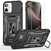 SunStory Phone Case for iPhone 16 Case with HD Screen Protector & Slide Camera Cover & Rotated Ring Kickstand, [Military-Grade] Phone Case for iPhone 16 6.1" (Z_Black)