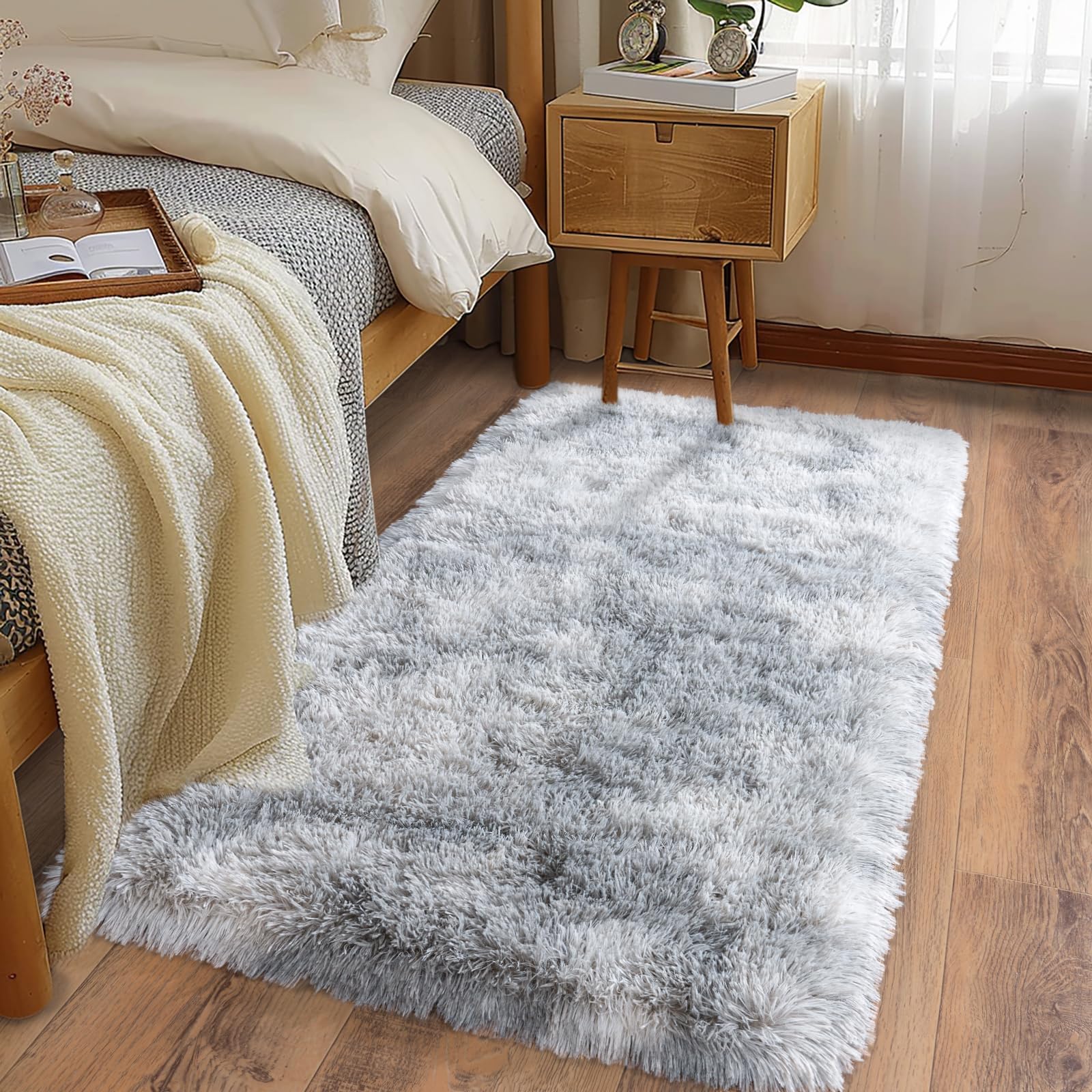 Photo 1 of Ailyei Ultra Soft Runner Rugs for Bedroom Hallways with Upgraded Non-Slip Rubber Backing & Thick Memory Sponge, 2 Packs 2x4 Feet Fluffy Shag Throw Area Rug for Bedside Dorm Tie-dye Light Grey