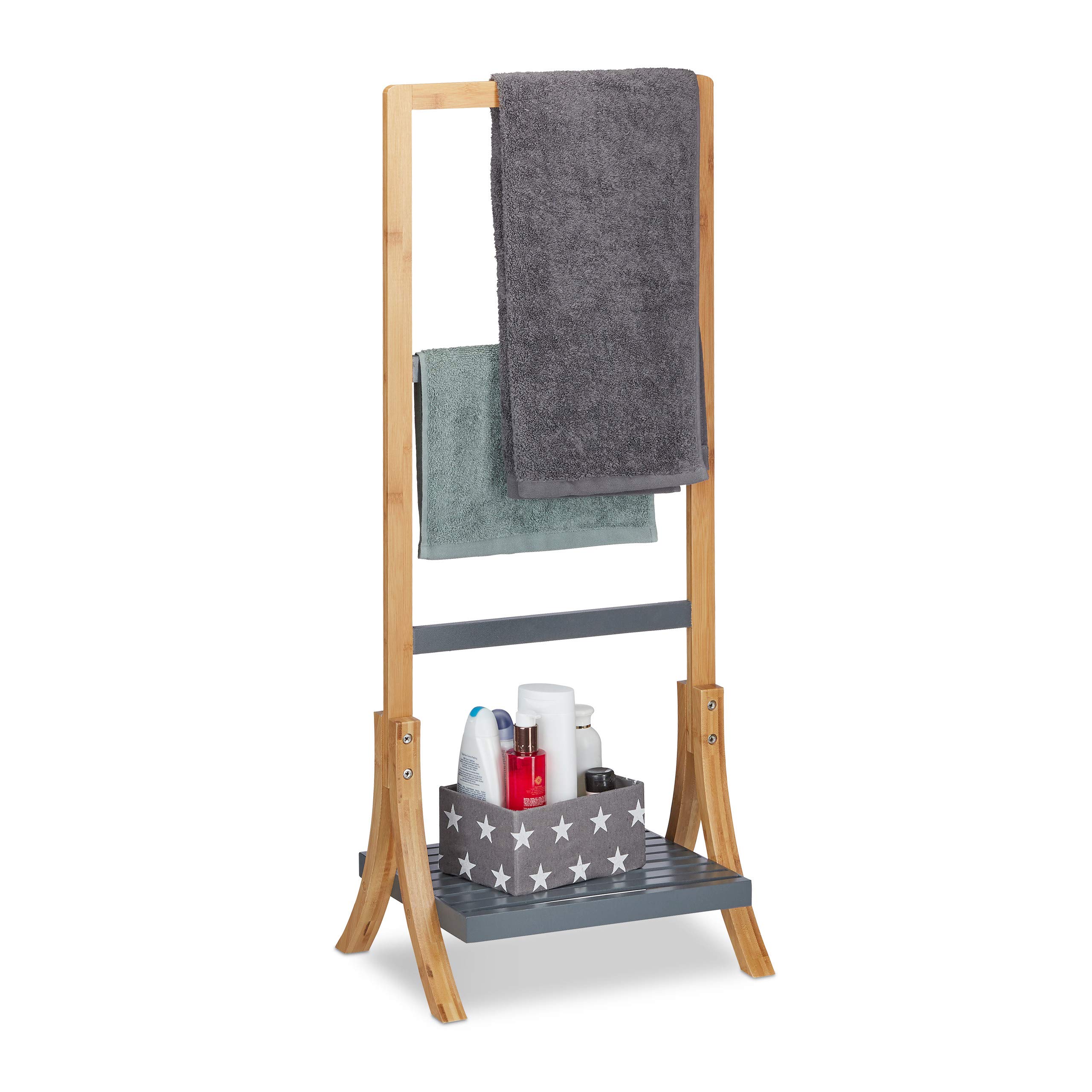 Relaxdays Bamboo Towel Rack with Shelf & 3 Towel Rails, Freestanding Towel Holder, 103x41x28cm, Natural/Grey