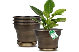 FODETYFF Plant Planters Pots Set of 4 Pack 13 Inch，Large Plastic Flower Pot for Indoor Plants with Drainage Holes & Trays, Resin Decorative Container Sets with Saucer for House Outdoor Garden Plant Dark Gold