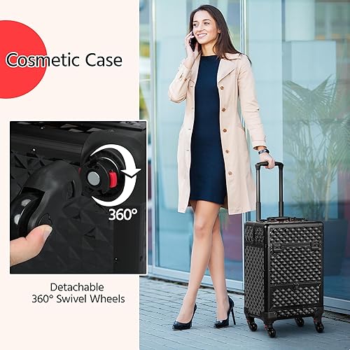 Yaheetech Rolling Makeup Train Case Aluminum Cosmetic Case with Wheels  Barber Case Salon Lockable Travel Troll