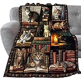 Book Lovers Throw Blanket Gift for Readers Soft Cat Lover Flannel Blanket Lightweight Cozy Blankets Gift for Women and Men Couch Sofa Bed 50" x 40"