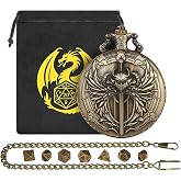 Mini DND Dice Set with Steampunk Paladin Pocket Watch Shell Case, DND Starter Set, 7pcs Polyhedral Mini Metal Dice Set, DND Gifts with Gift Bag, Role Playing Board Game Accessories,Bronze
